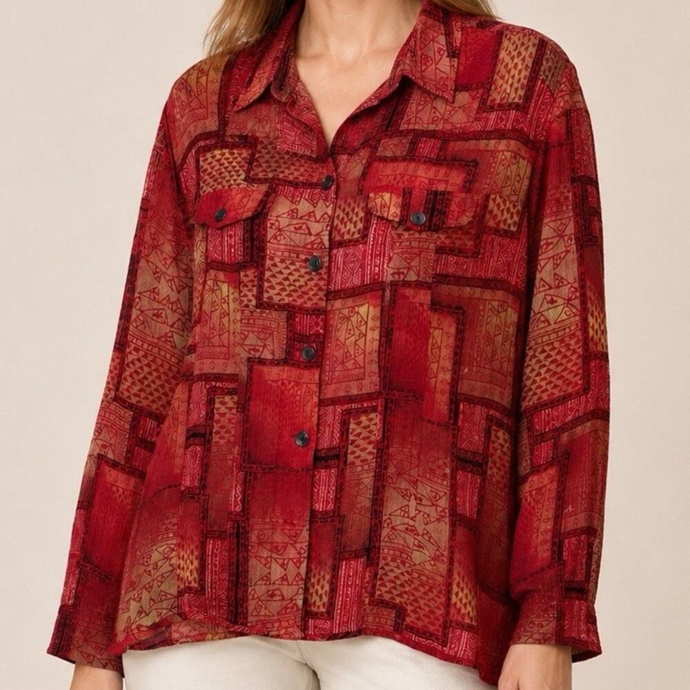 Chicos 3 Silk Crepe Button Up Top XL Red Patchwork Print Long Sleeve Artsy - Picture 11 of 11